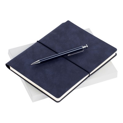 Набор ежедневник, недатированный+ручка искусственная кожа; металл; картон, синий