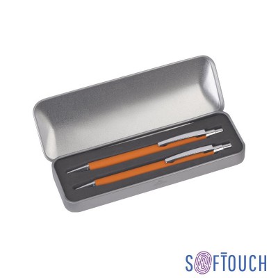 Набор ручка+карандаш,  красный в футляре, металл/soft touch, оранжевый