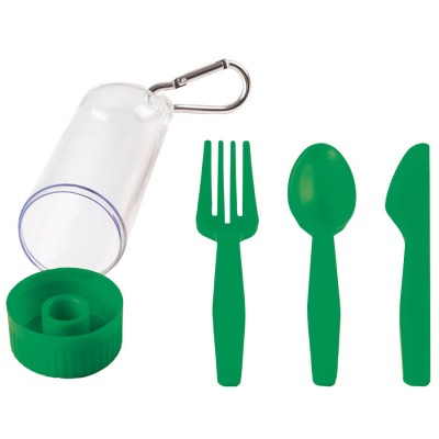 Набор: ложка, вилка, нож в футляре с карабином, пластик, зеленый