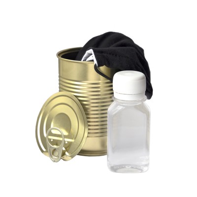Набор: маска серая и антисептик, упаковано в жестяную банку