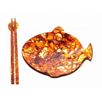 Тарелка "Рыбка" с палочками для еды из янтаря